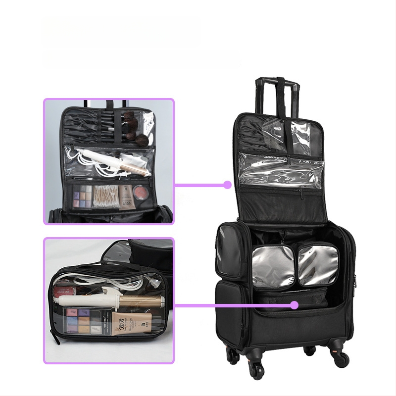 Κιβώτιο μακιγιάζ για καλλιτέχνη μακιγιάζ με τηλεσκοπική λαβή και ρόδες, φορητός οργανωτής για μανικιούρ και μακιγιάζ, μεγάλη χωρητικότητα