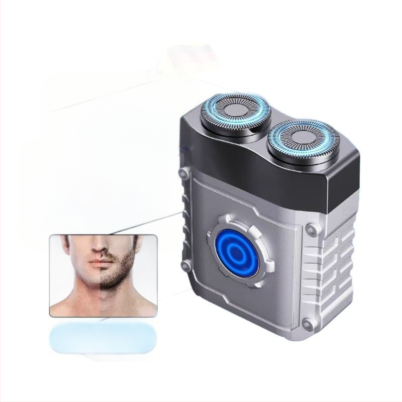 Vízálló mini elektromos borotva férfiak számára, utazó méret, forgó kétfejű fej, alumíniumötvözet test, nedves/száraz használat, újratölthető
