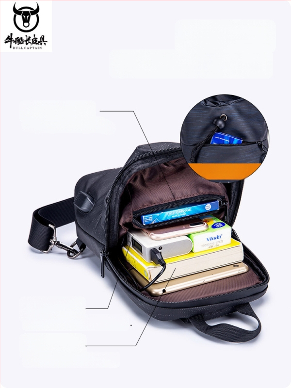 Geantă de piept pentru bărbați din pânză Oxford, cu suport pentru sticlă, port USB, crossbody lejer, buzunar pentru dispozitiv de 8 inch