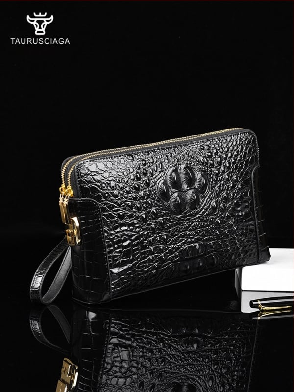 Geantă clutch pentru bărbați din piele naturală, model crocodil, compartimente multiple, închidere cu cod, fermoar dublu, antifurt