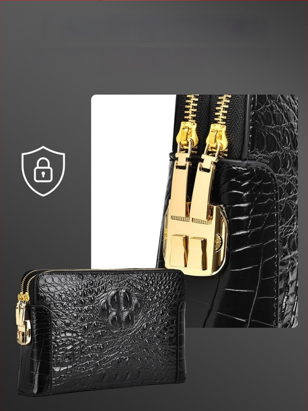 Geantă clutch pentru bărbați din piele naturală, model crocodil, compartimente multiple, închidere cu cod, fermoar dublu, antifurt