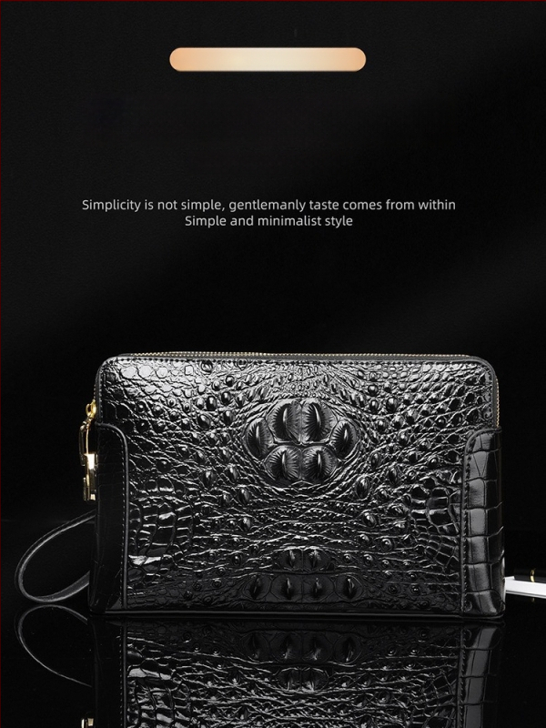 Geantă clutch pentru bărbați din piele naturală, model crocodil, compartimente multiple, închidere cu cod, fermoar dublu, antifurt