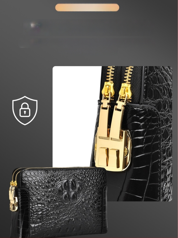 Geantă clutch pentru bărbați din piele naturală, model crocodil, compartimente multiple, închidere cu cod, fermoar dublu, antifurt