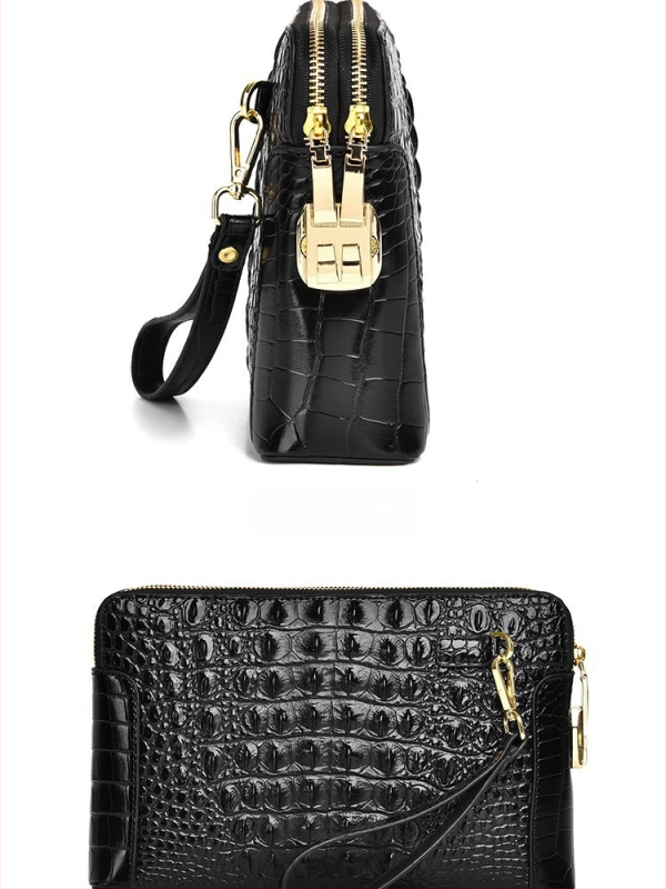 Geantă clutch pentru bărbați din piele naturală, model crocodil, compartimente multiple, închidere cu cod, fermoar dublu, antifurt