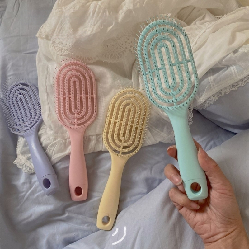 Pieptene de masaj pentru păr, în formă de macaron, cu spate decupat și design canelat, pentru îndreptare și ondulare, volum pufoas, ABS, peste 20 cm