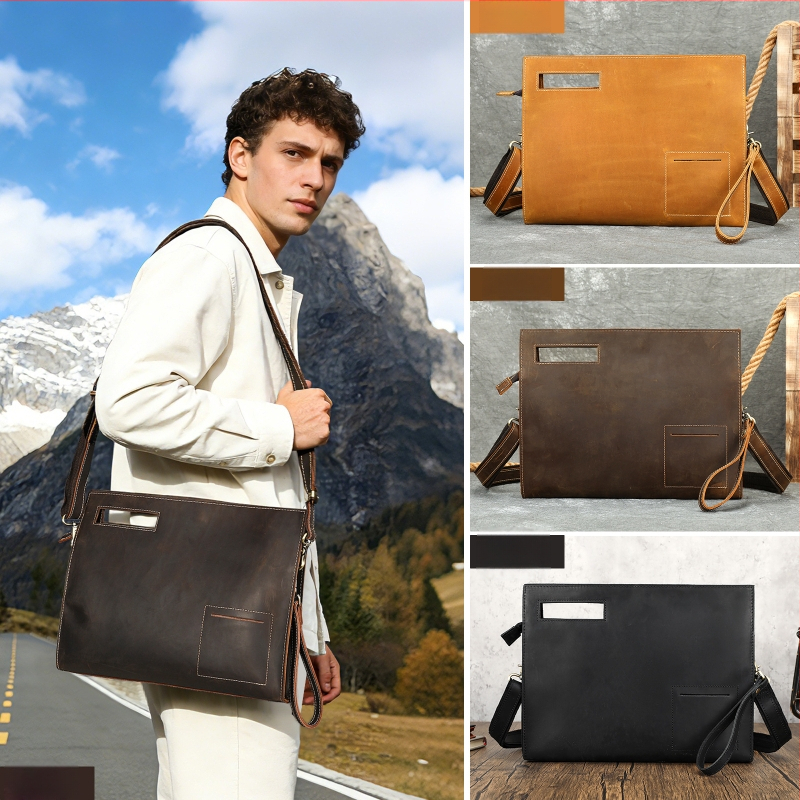Geantă clutch vintage pentru bărbați din piele Crazy Horse, piele de vită de primă calitate, geantă crossbody pentru afaceri