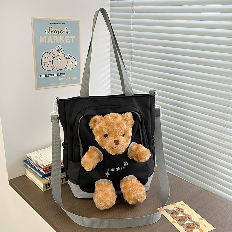 Geantă din pânză cu ursuleț pluș, capacitate mare, tote crossbody pentru fete