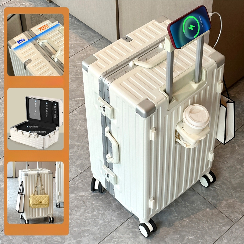 Valiză de călătorie cu împărțire 7/3, deschidere frontală, mare capacitate, cadru din aluminiu, roți de 360°, bagaj de cabină