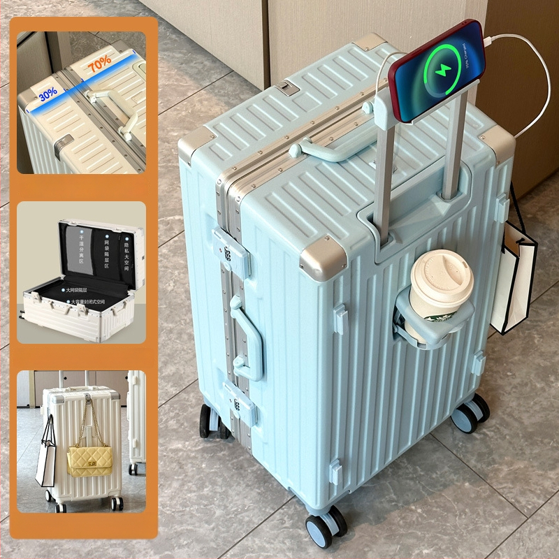 Valiză de călătorie cu împărțire 7/3, deschidere frontală, mare capacitate, cadru din aluminiu, roți de 360°, bagaj de cabină