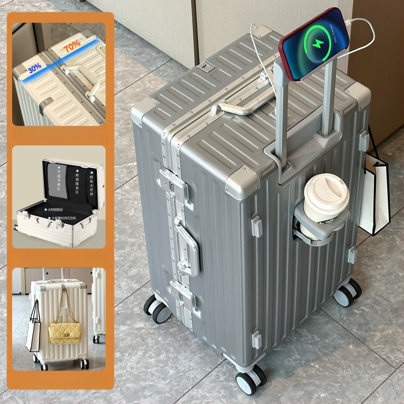 Valiză de călătorie cu împărțire 7/3, deschidere frontală, mare capacitate, cadru din aluminiu, roți de 360°, bagaj de cabină