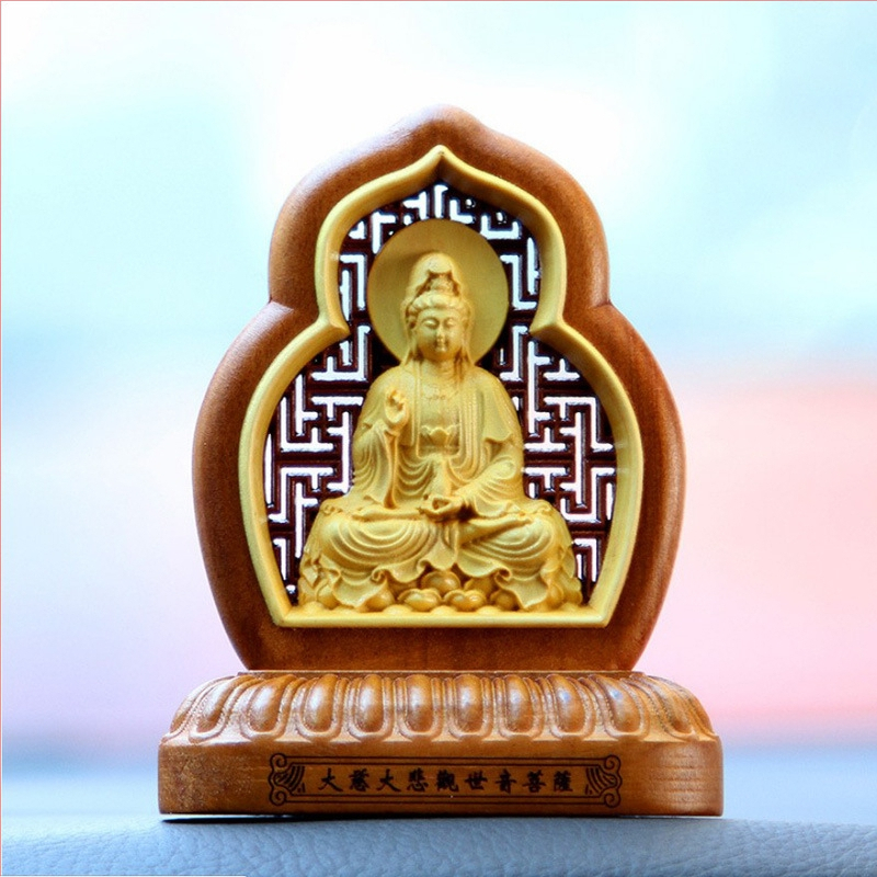 Εσωτερικό αυτοκινήτου: άγαλμα Guanyin και Maitreya σε ανοιχτό σχέδιο από ξύλο boxwood και jujube, ρετρό στυλ, φυλαχτό για ευλογία και ασφάλεια