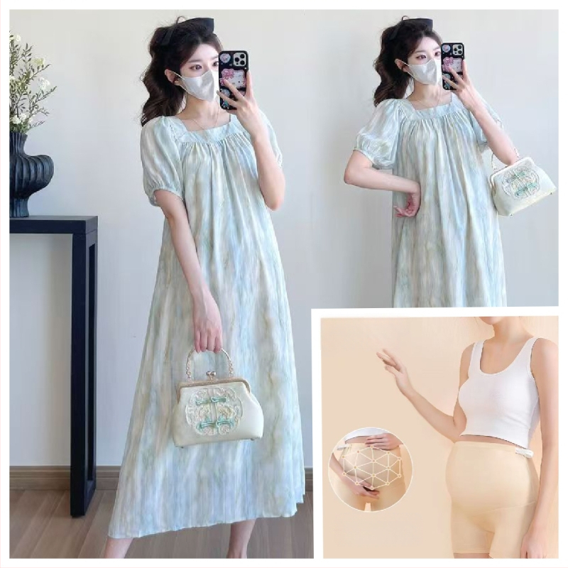 Rochie de maternitate cu tie-dye, decolteu pătrat, mâneci scurte, croială lejeră, stil coreean, vară 2026