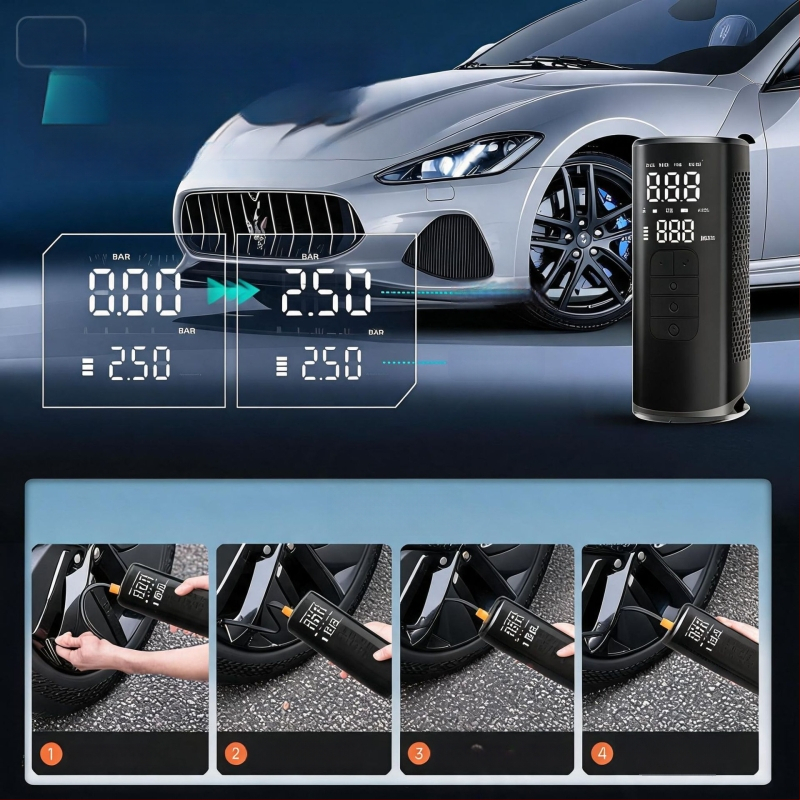 Autóba szerelhető, vezeték nélküli légpumpa, hordozható, nagy teljesítményű, magas nyomás, USB töltés, LED világítás, automatikus kikapcsolás