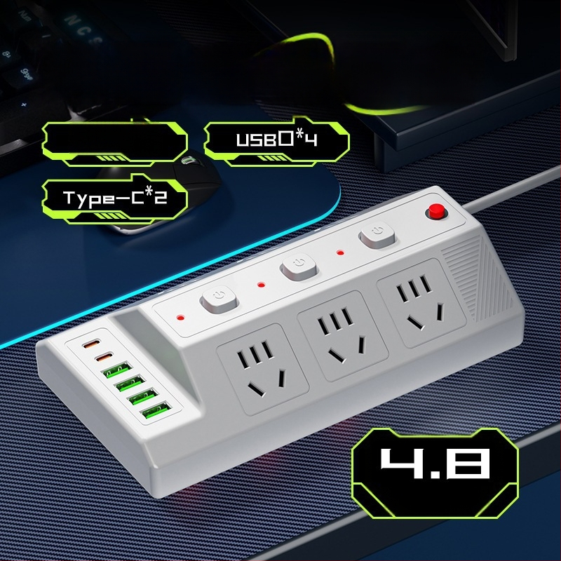 Мултифункционална USB разклонителна лента с 4 USB порта и 2 Type-C порта, настолен удължител за дома и офиса