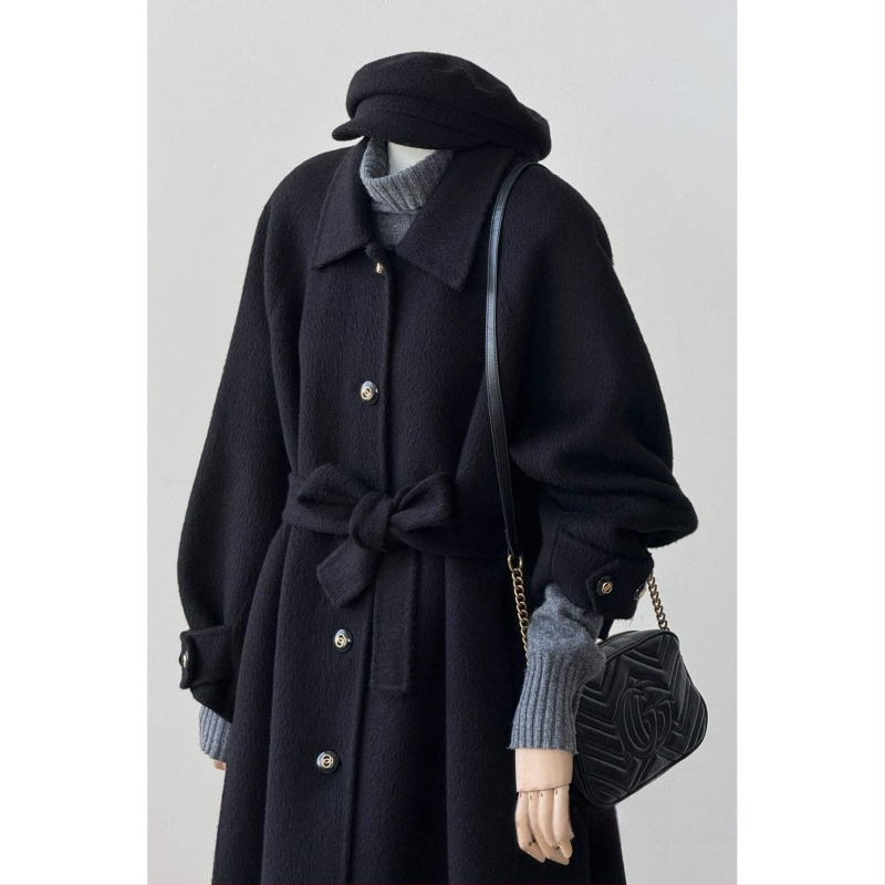 Palto negru minimalist pentru femei, toamnă-iarnă 2025, inspirat de stilul coreean Hepburn, palton elegant din lână