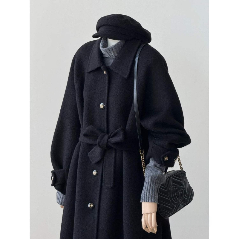Palto negru minimalist pentru femei, toamnă-iarnă 2025, inspirat de stilul coreean Hepburn, palton elegant din lână
