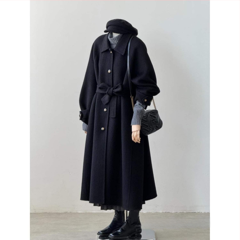 Palto negru minimalist pentru femei, toamnă-iarnă 2025, inspirat de stilul coreean Hepburn, palton elegant din lână
