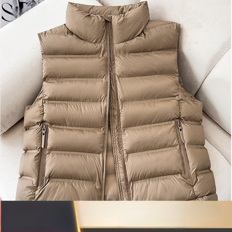 Vestă scurtă din puf-cotton pentru femei, ușoară, stil coreean, guler înalt, caldă și versatilă.