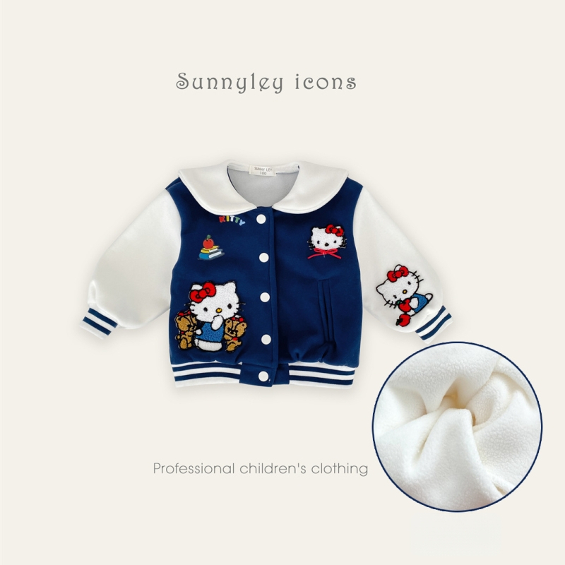 Jachetă baseball pentru fetițe, în stil coreean, cu rever, imprimeu cu desene animate, căptușită cu fleece, toamna 2025