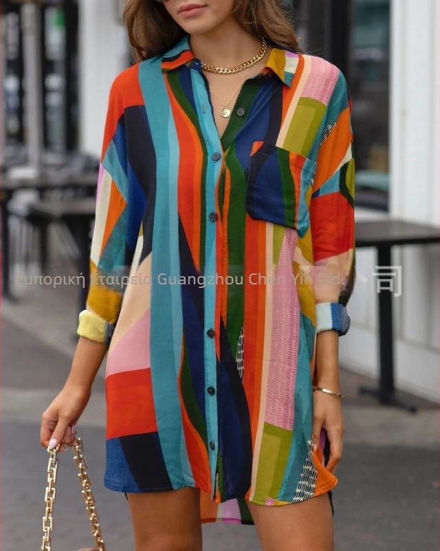 Γυναικείο φόρεμα-πουκάμισο, μακριά, φαρδύ, διπλής όψης, σε καυτές πωλήσεις για Ευρωπαίες και Αμερικανίδες γυναίκες, με χρωματικό μπλοκ στις αρχές της άνοιξης, σε καυτές πωλήσεις.