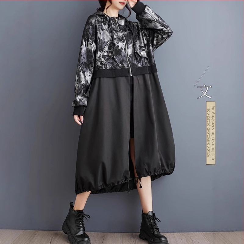 Φθινόπωρο και χειμώνας 2024, νέο αντιανεμικό μπουφάν μεσαίου μήκους, φαρδύ, λεπτό, κουκούλα, ραφές, τυπωμένο φερμουάρ, γυναικεία ρούχα