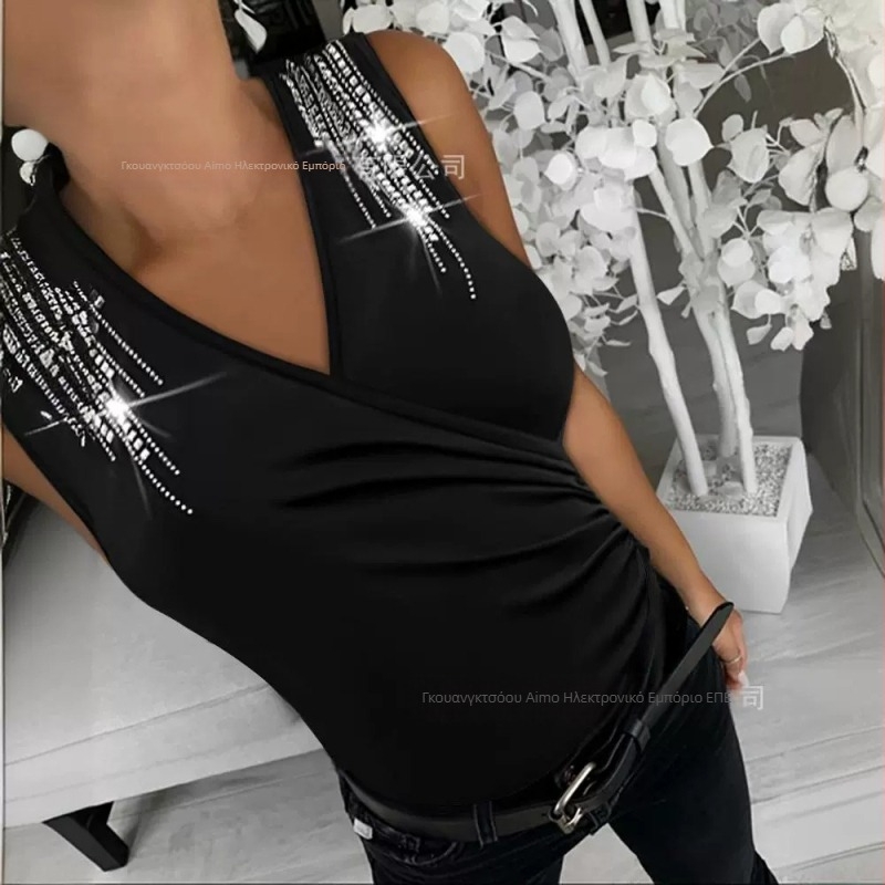 2024 Spot Φθινόπωρο και Χειμώνας Νέα Hot-selling Καφέ Off Shoulder Cross Hot Diamond Neck Top V Neck