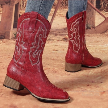 Γυναικείες Μπότες Western, Ευρωπαϊκό και Αμερικανικό Στυλ, Ρετρό 2025, Four Seasons, Εξωτερικό Εμπόριο, Νέες Έτοιμες Μπότες με Μεσαίο Σωλήνα και Μυτερό Δάχτυλο, Πηγή Κατασκευαστή