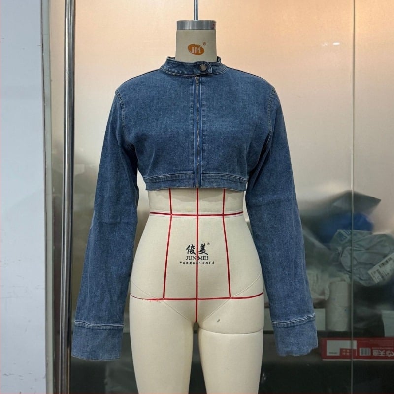 Τζιν μπουφάν Spice Girl με φερμουάρ και μακριά μανίκια, κοντό τζιν μπουφάν, γυναικείο, άνοιξη και φθινόπωρο, SU3455