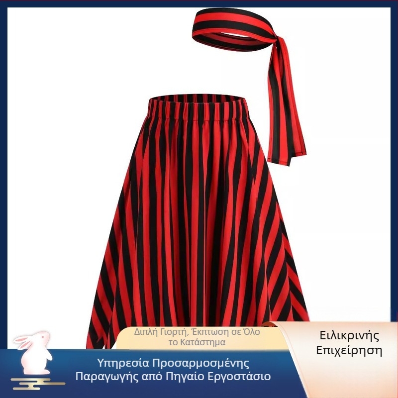 Ευρωπαϊκή και αμερικανική διασυνοριακή Amazon Ρούχα Μαύρα και κόκκινα ριγέ ασύμμετρη φούστα με στρίφωμα Γυναικεία ρούχα πειρατών Tee