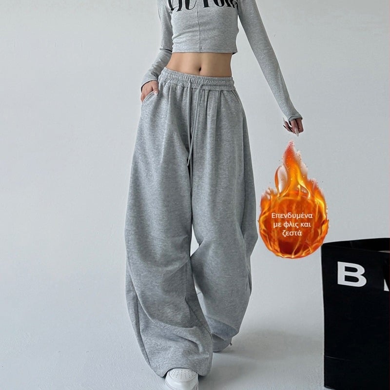 Γυναικείο γκρι αθλητικό παντελόνι με επένδυση αμερικανικού φλις, νέο, ίσιο, ψηλόμεσο, χαλαρό, casual παντελόνι εργασίας, φθινόπωρο 2024