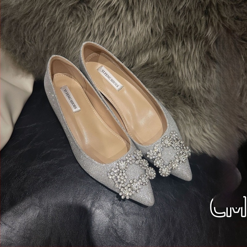 Εσωτερικά γυναικεία παπούτσια που αυξάνουν το ύψος, σέξι φλατ παπούτσια με αγκράφα χιονονιφάδας και τετράγωνη αγκράφα, με μαλακή σόλα για γυναίκες, ψηλόμεσο δείπνο, αστραφτερά γυναικεία φλατ παπούτσια