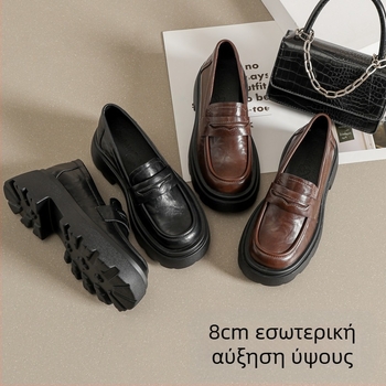 Ma suism 2024 Νέα γυναικεία ανοιξιάτικα μοκασίνια μικρού μεγέθους, βρετανικού στιλ, μαύρα δερμάτινα παπούτσια με κρυφό ύψος, με χοντρό πάτο