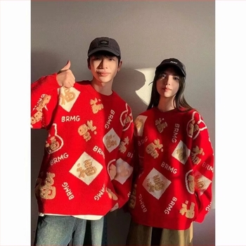 2024 Χειμερινό Internet Celebrity National Fashion Design Sense Red Sweater Ανδρικό Μάρκα Μόδας Ins, Εκρηκτικό Πουλόβερ για Ζευγάρια με Μακρυμάνικο Πουλόβερ για Γυναίκες