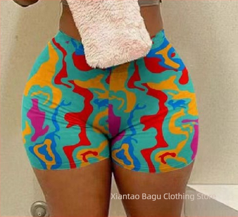 Ευρωπαϊκός και Αμερικανικός Διασυνοριακός Ανεξάρτητος Σταθμός Εξωτερικού Εμπορίου Νέα Ελαστική Μέση Μοντέρνα Σορτς με Στάμπα για Γυναικεία Πολύχρωμα