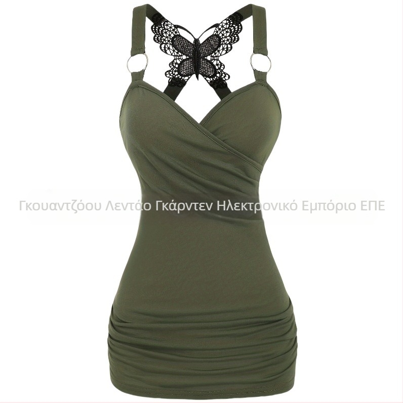 Σέξι γυναικεία ρούχα σε ευρωπαϊκό και αμερικανικό στιλ Y2K με τιράντες και έξω ώμους, πλεκτό τοπ με δαντέλα πεταλούδας και σταυρωτή πλάτη, σέξι δαντελένιο φανελάκι