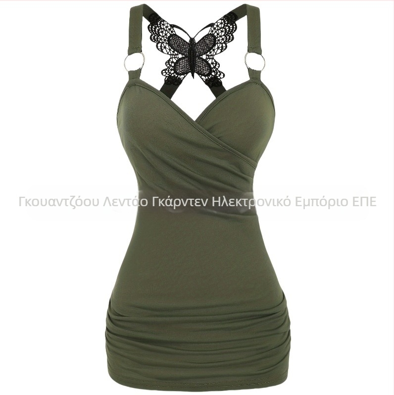 Σέξι γυναικεία ρούχα σε ευρωπαϊκό και αμερικανικό στιλ Y2K με τιράντες και έξω ώμους, πλεκτό τοπ με δαντέλα πεταλούδας και σταυρωτή πλάτη, σέξι δαντελένιο φανελάκι