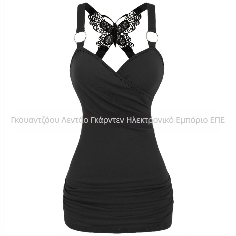 Σέξι γυναικεία ρούχα σε ευρωπαϊκό και αμερικανικό στιλ Y2K με τιράντες και έξω ώμους, πλεκτό τοπ με δαντέλα πεταλούδας και σταυρωτή πλάτη, σέξι δαντελένιο φανελάκι