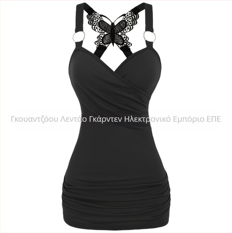 Σέξι γυναικεία ρούχα σε ευρωπαϊκό και αμερικανικό στιλ Y2K με τιράντες και έξω ώμους, πλεκτό τοπ με δαντέλα πεταλούδας και σταυρωτή πλάτη, σέξι δαντελένιο φανελάκι