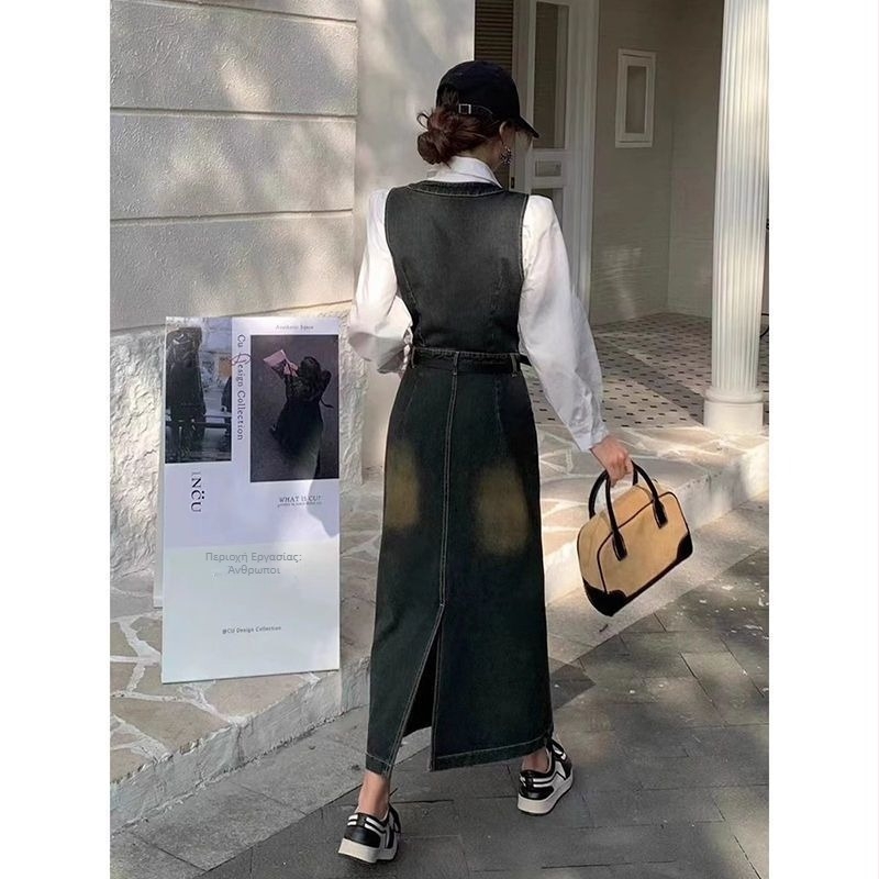 [ζώνη] vintage μόδα τζιν γιλέκο φούστα γυναικών 2025 άνοιξη νέο κορεάτικο λευκό πουκάμισο σετ δύο τεμαχίων