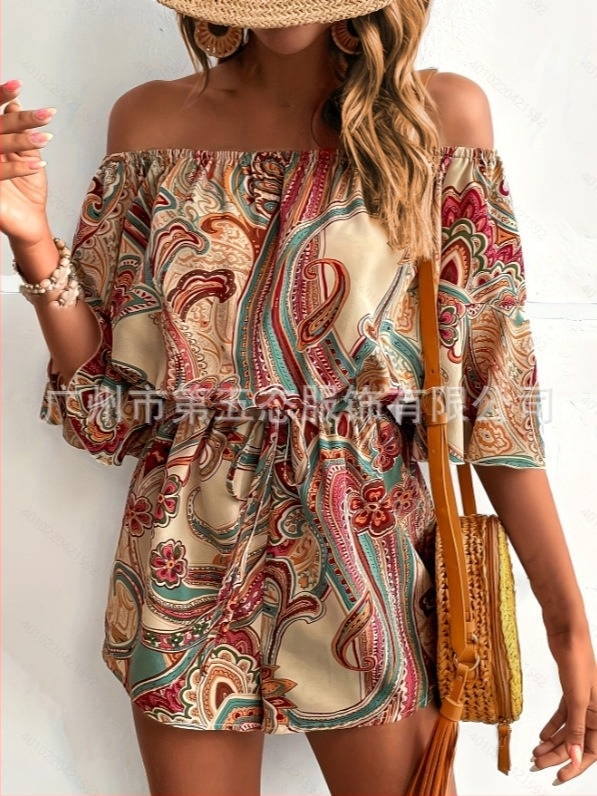 Καλοκαιρινό σορτς Pelis Crossborder με έξω τους ώμους, νέο έθνικ στυλ, με στάμπα