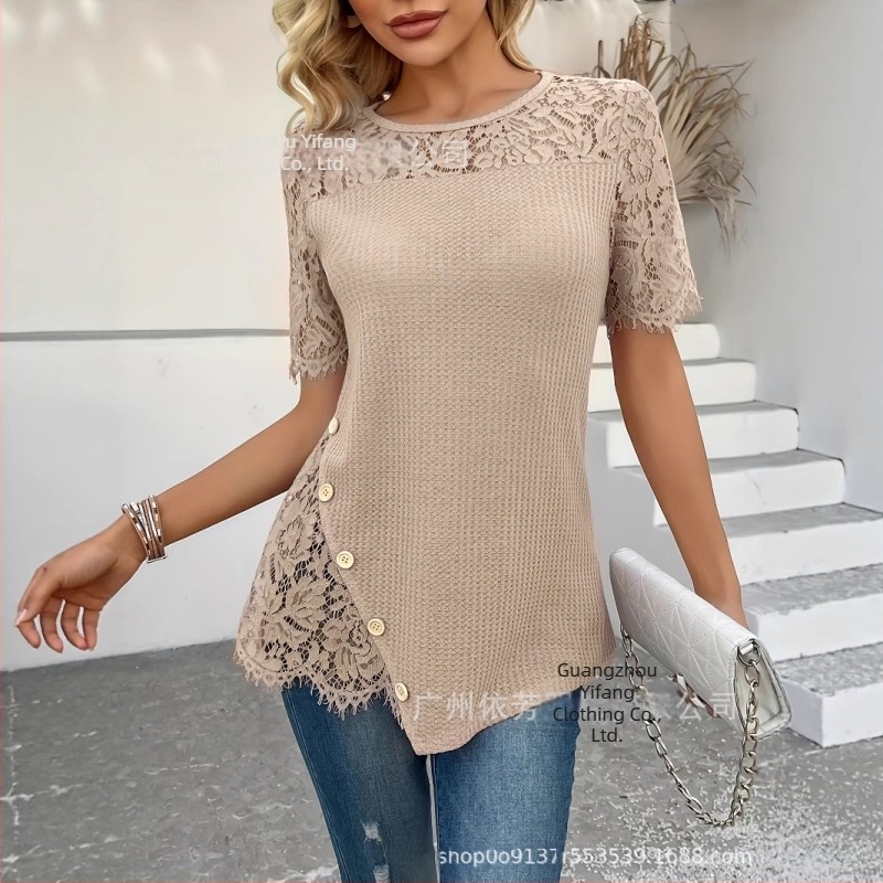 Γυναικείο Μοντέρνο Κομψό Casual T-Shirt Πλεκτό Μονόχρωμο Ημιδιάφανο Κεντημένο Δαντέλα Μονόχρωμο Στρογγυλή Λαιμόκοψη Κοντό Μανίκι Γυναικείο Μπλούζα