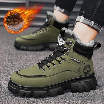 Μπότες Martin για άνδρες, Χειμερινές μπότες χιονιού 2024, με επένδυση φλις, ζεστές, ψηλές, μπότες εργασίας βρετανικού στιλ, ευέλικτες δερμάτινες μπότες μοτοσικλέτας