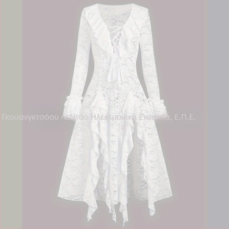 Ευρωπαίους και Αμερικανούς Γυναικείους Μονόχρωμου Φορέματος με Δαντέλα και Βολάν, Μακρύ, Διαφανές Φόρεμα σε Γραμμή Α με Βολάν