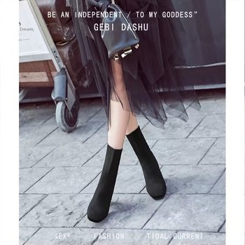 Γυναικεία μποτάκια με χοντρό τακούνι, πλεκτά, μονά, μπότες, φθινόπωρο 2024, νέες, all-match μπότες με μυτερή μύτη, ελαστικές λεπτές κάλτσες