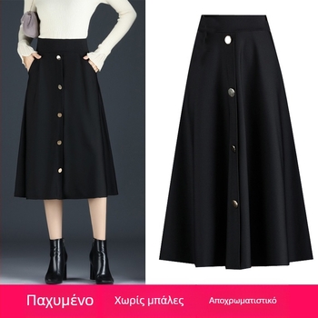 Γυναικεία μακριά φούστα με ψηλή μέση, μεγάλο μέγεθος, μονόπετο, φθινοπωρινή και χειμερινή φούστα, μεσαίου μήκους, που καλύπτει τους γοφούς και είναι σε γραμμή Α.