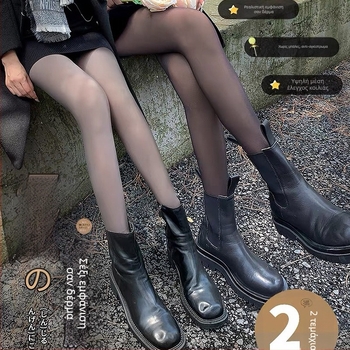 2 τεμάχια μαύρο διαφανές κολάν με επένδυση από χοντρό φλις, γυναικείο φθινοπωρινό και χειμερινό εξωτερικό ρούχο, ψεύτικο διαφανές καλσόν εξωτερικό ρούχο ανοιχτόχρωμο