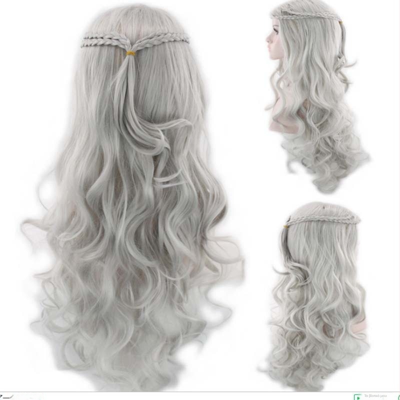 Song of Ice and Fire Game Danny Lilith Ματ 70cm Πλεγμένη Ασημί Μακριά Σγουρή Περούκα για Γυναίκες σε απόθεμα