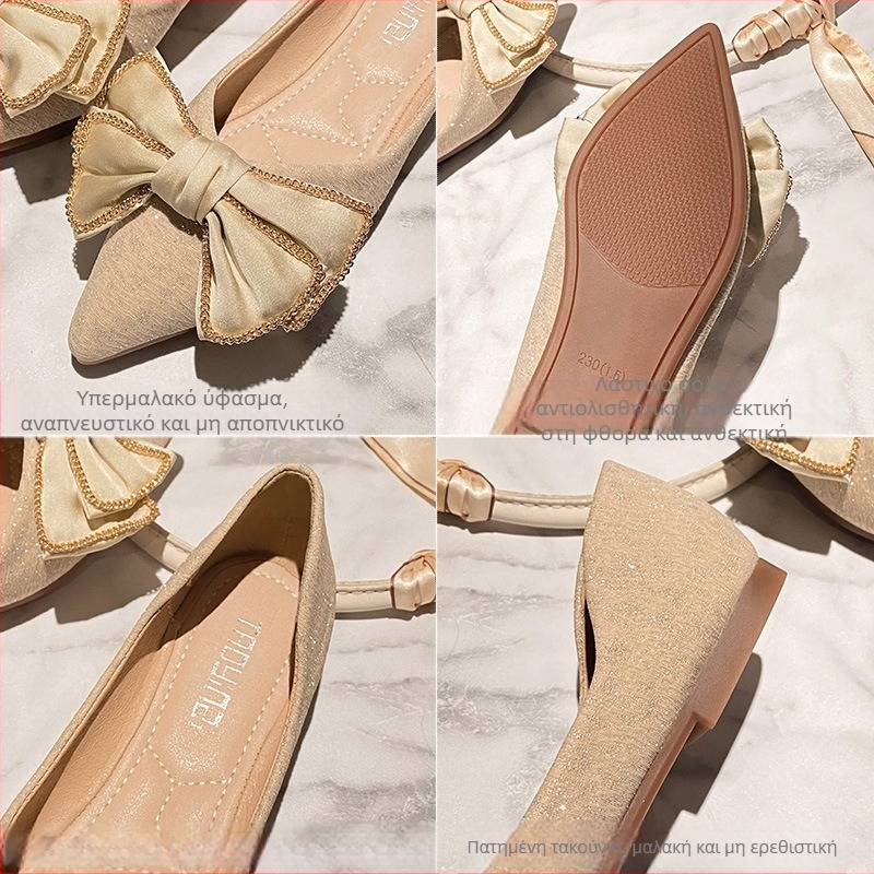 Γυναικεία φλατ παπούτσια με μυτερή μύτη 2024, νέο στυλ, με φιόγκο, μικρό μέγεθος 33-34, μεγάλο μέγεθος 41-43, με μαλακή σόλα και scoop που δεν κουράζουν τα πόδια σας.