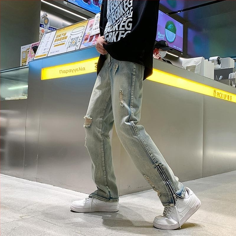 Άνοιξη και Φθινόπωρο Υψηλής ποιότητας Old American Casual Retro Σκισμένα Τζιν Ανδρικά Ευρωπαϊκά και Αμερικανικά Μόδας Μάρκα Μικρά Ίσια Παντελόνια Ανοιξιάτικη Μόδα