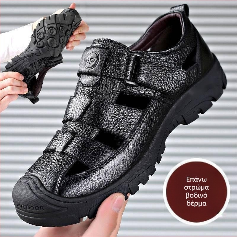 Καλοκαιρινά αναπνεύσιμα σανδάλια από γνήσιο δέρμα για μεσήλικες μπαμπά casual σανδάλια 2022 ανδρικά παπούτσια με μαλακό πάτο και μαλακή επιφάνεια από δέρμα με κοίλες τρύπες